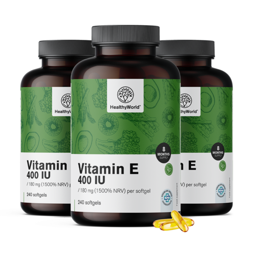3x Vitamina E 400 UI, total de 720 cápsulas moles