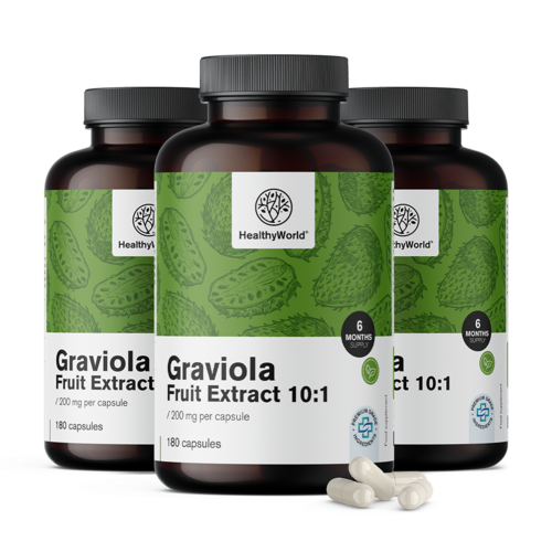 3x Graviola 200 mg – extrato 10:1, total de 540 cápsulas