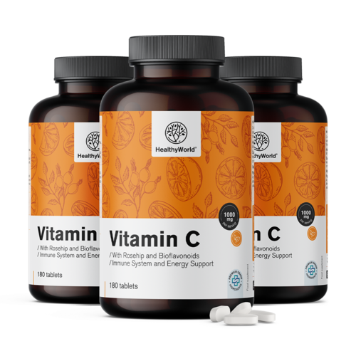 3x Vitamina C 1000 mg – com rosa mosqueta e bioflavonoides, total de 540 comprimidos