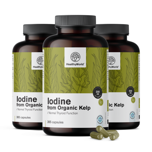 3x Iodo natural 200 µg – de alga kelp BIO, total de 1095 cápsulas