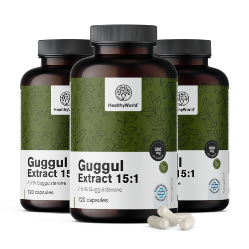 3x Guggul 500 mg – extrato 15:1, total de 360 cápsulas
