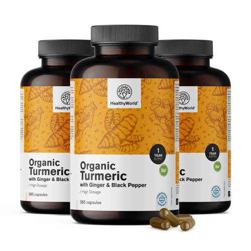 3x Curcuma BIO 480 mg – com gengibre e pimenta preta, total de 1095 cápsulas
