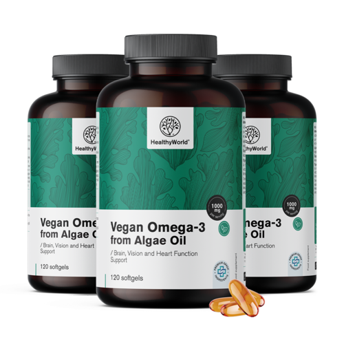 3x Ómega-3 vegan 1000 mg - de algas, total de 360 cápsulas moles