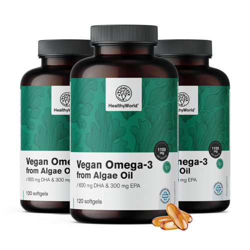 3x Ómega-3 vegan 1100 mg - de algas, total de 360 cápsulas moles