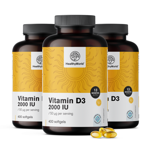 3x Vitamina D3 2000 UI, total de 1200 cápsulas moles