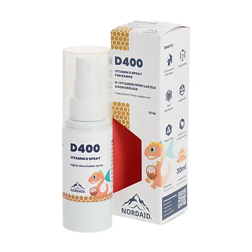 Vitamina D3 com óleo de coco para bebés, 400 UI - spray